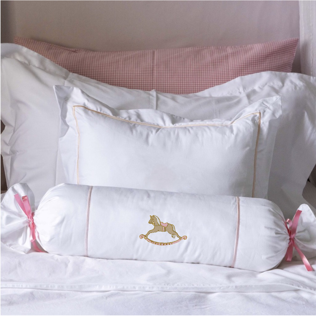 Cotton Bolster with Embroidered Art - Pink Rocking Horse