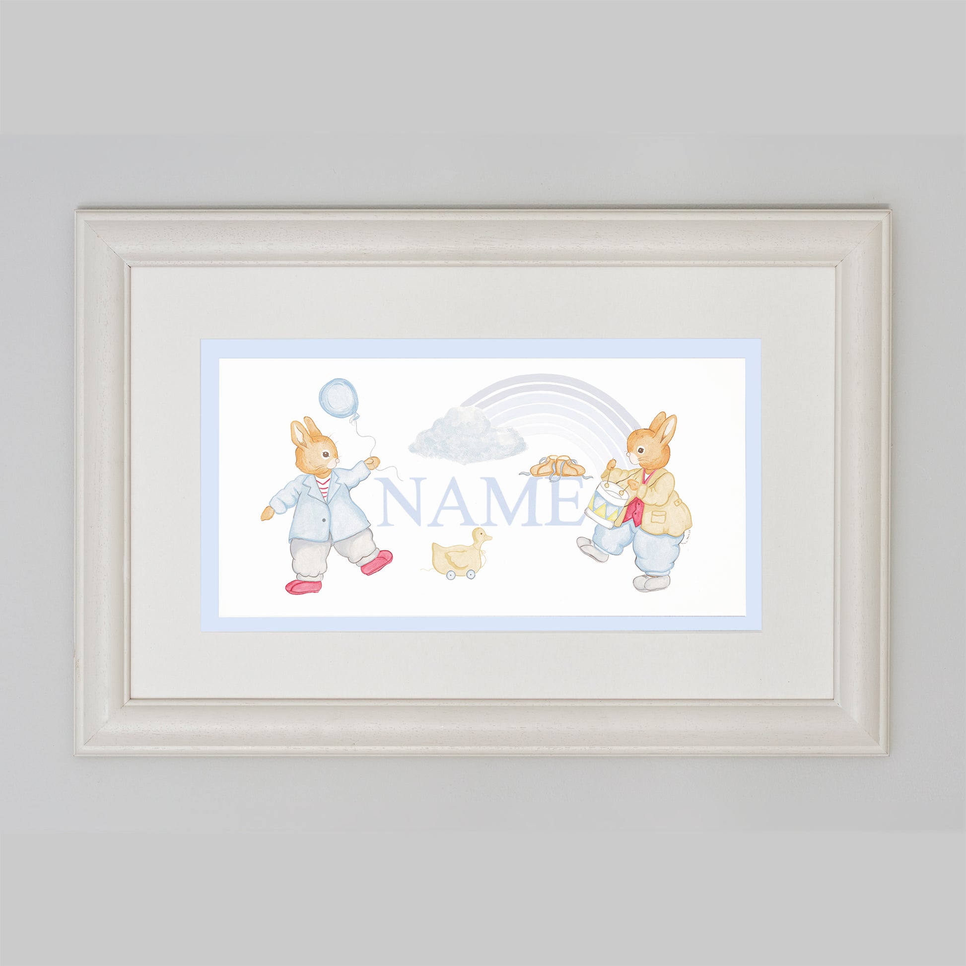 Bespoke Name Picture - Designer Bunnies with Blue Letters