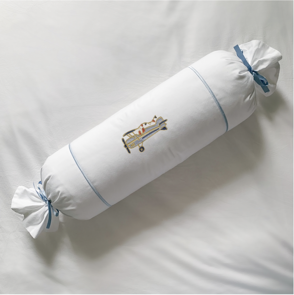 Cotton Bolster with Embroidered Art - Vintage Plane