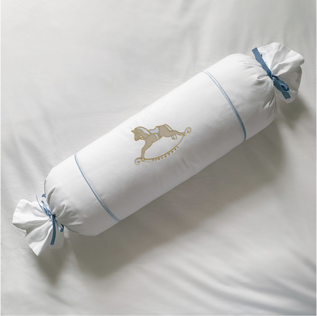 Cotton Bolster with Embroidered Art - Blue Rocking Horse